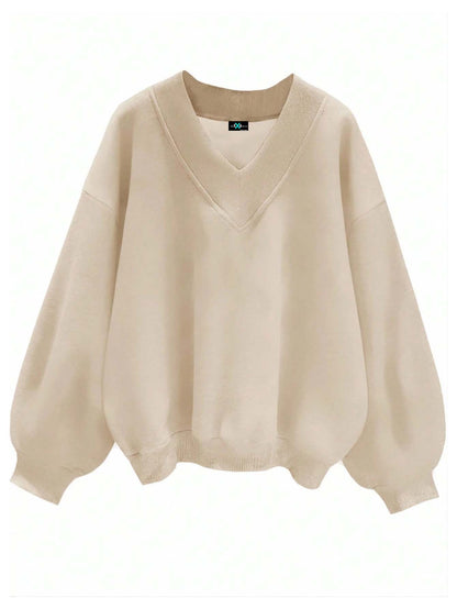 SXV V neck Letter Graphic Drop Shoulder Beige Baggy Oversized Sweatshirt