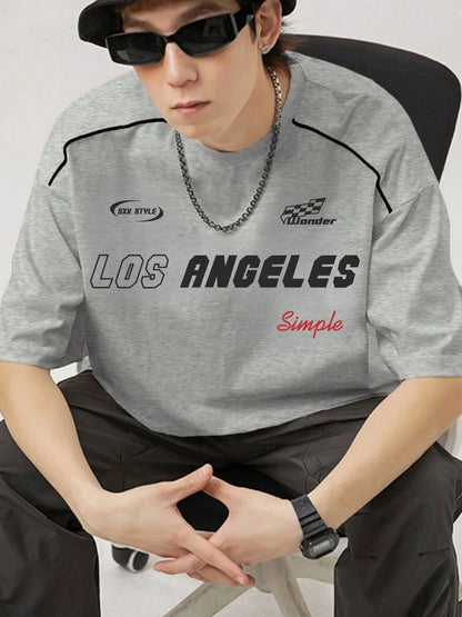 SXV simple Loose Fit Men's Letter Graphic Contrast Piping Drop Shoulder T-Shirt
