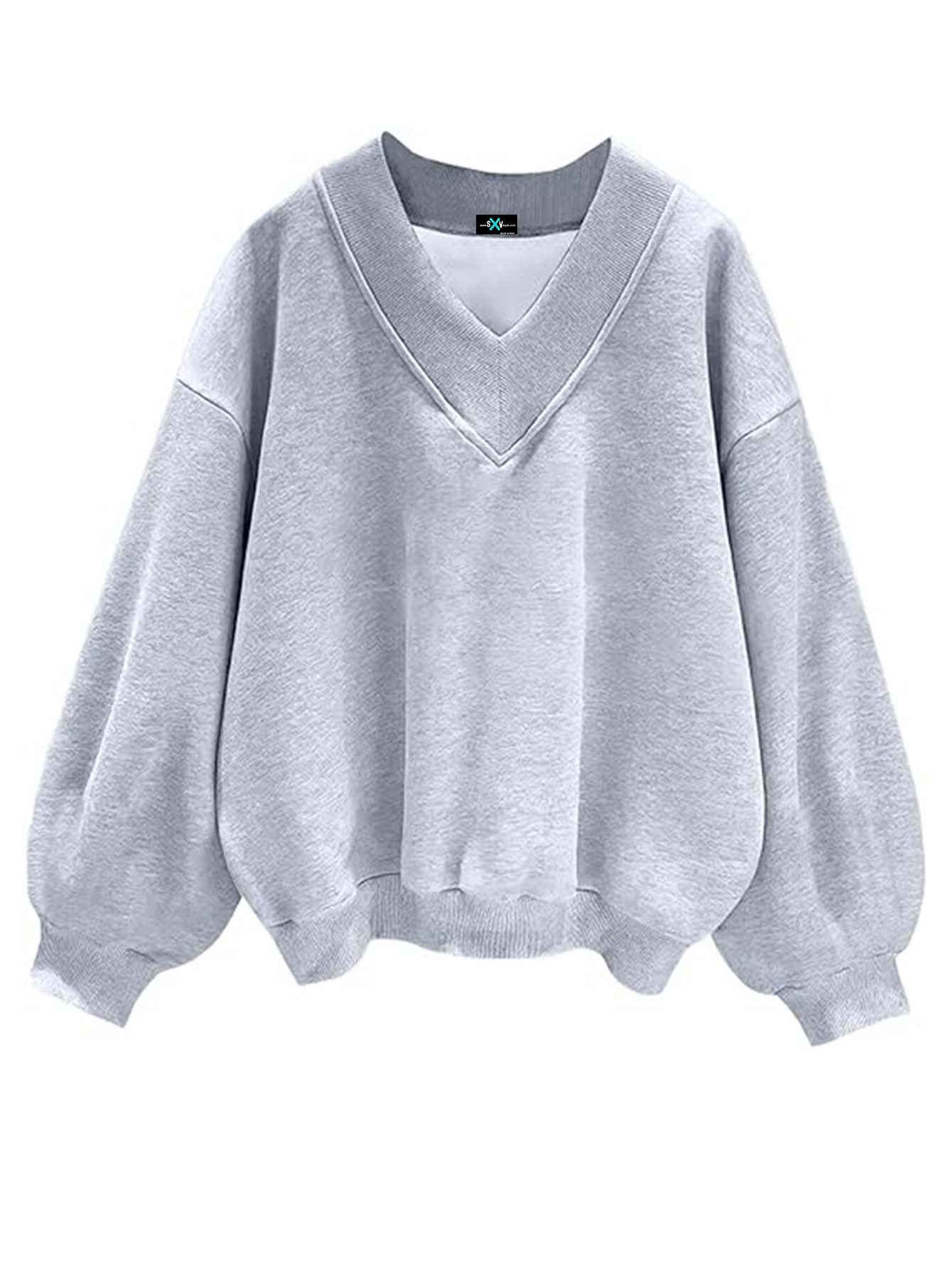 SXV V neck Letter Graphic Drop Shoulder Grey Baggy Oversized Sweatshirt