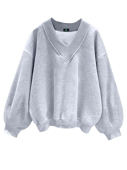 SXV V neck Letter Graphic Drop Shoulder Grey Baggy Oversized Sweatshirt