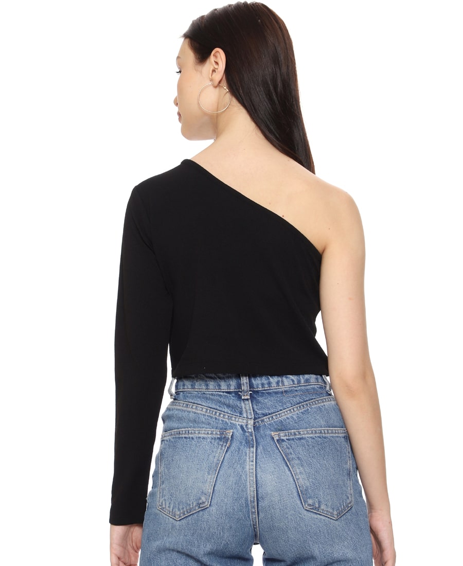 SXV Solid Black One Shoulder Crop Top