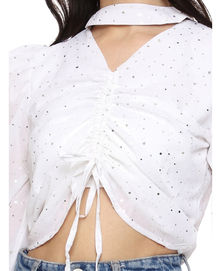 SXV Solid White Partywear Ruched Pullover Crop Top