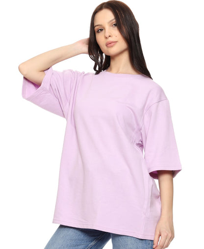 SXV Solid Purple Pullover Round Neck Half Sleeve Oversized Tshirt