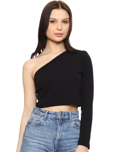 SXV Solid Black One Shoulder Crop Top