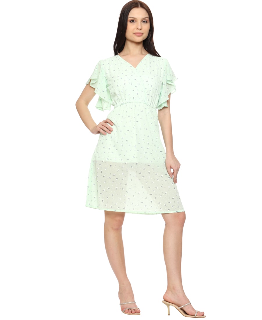 SXV Pastel Green Floral Printed Fit and Flare Dress