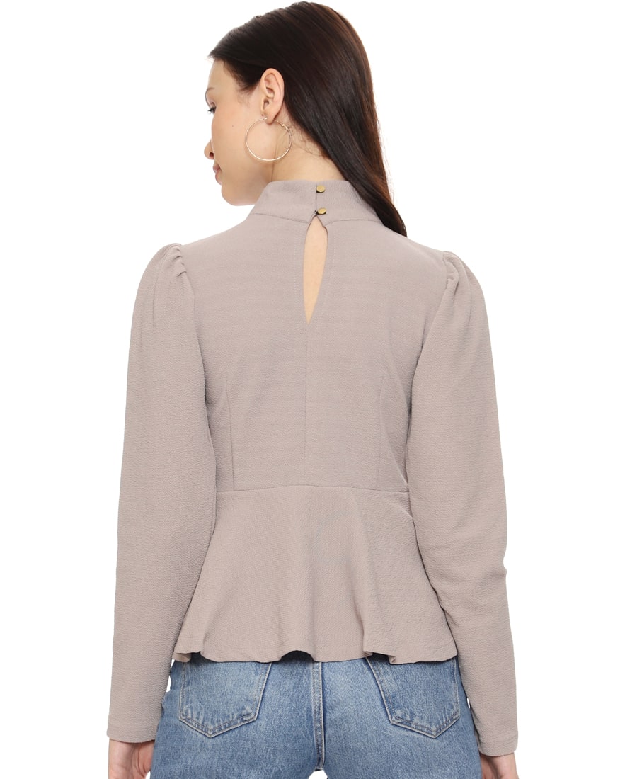 SXV Solid Beige High Neck Peplum Top