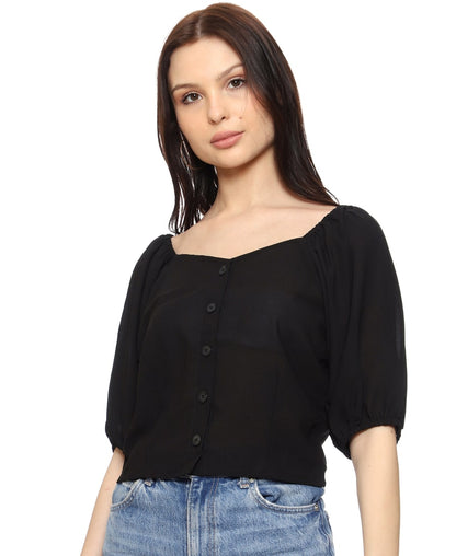 SXV Black Solid Puff Sleeves Regular Crop Top