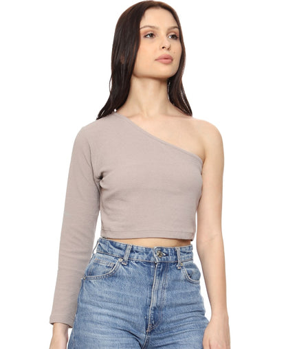 SXV Solid Beige One Shoulder Crop Top