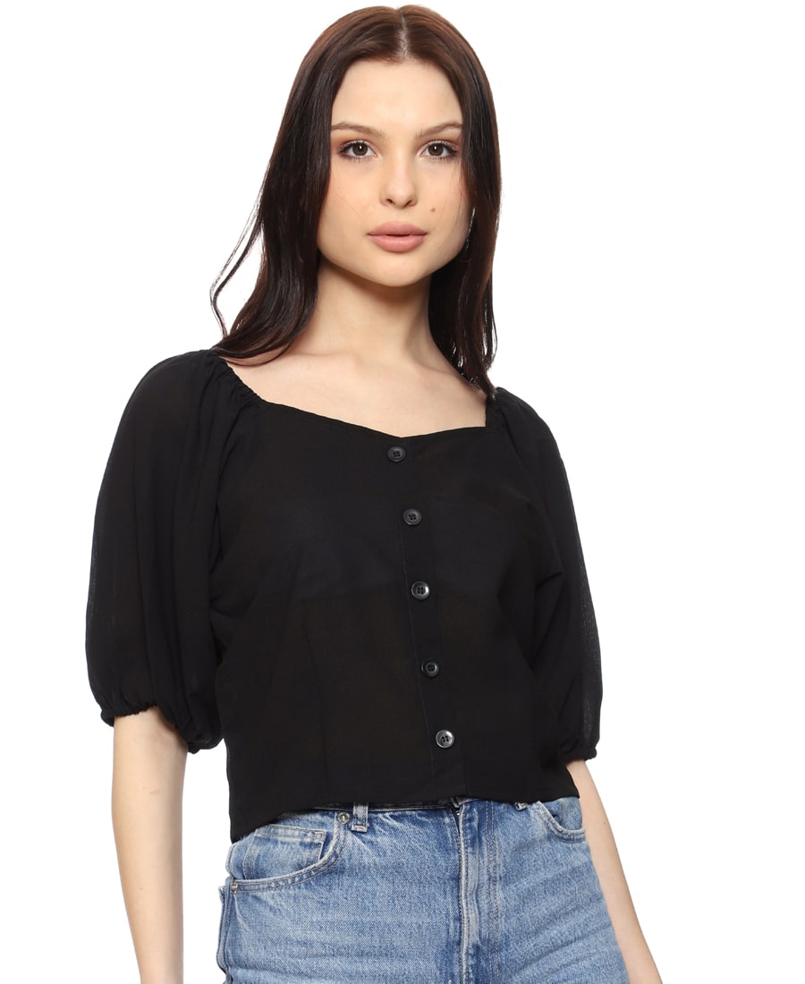 SXV Black Solid Puff Sleeves Regular Crop Top