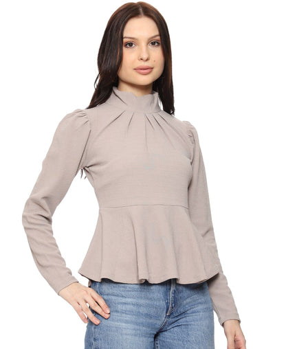 SXV Solid Beige High Neck Peplum Top