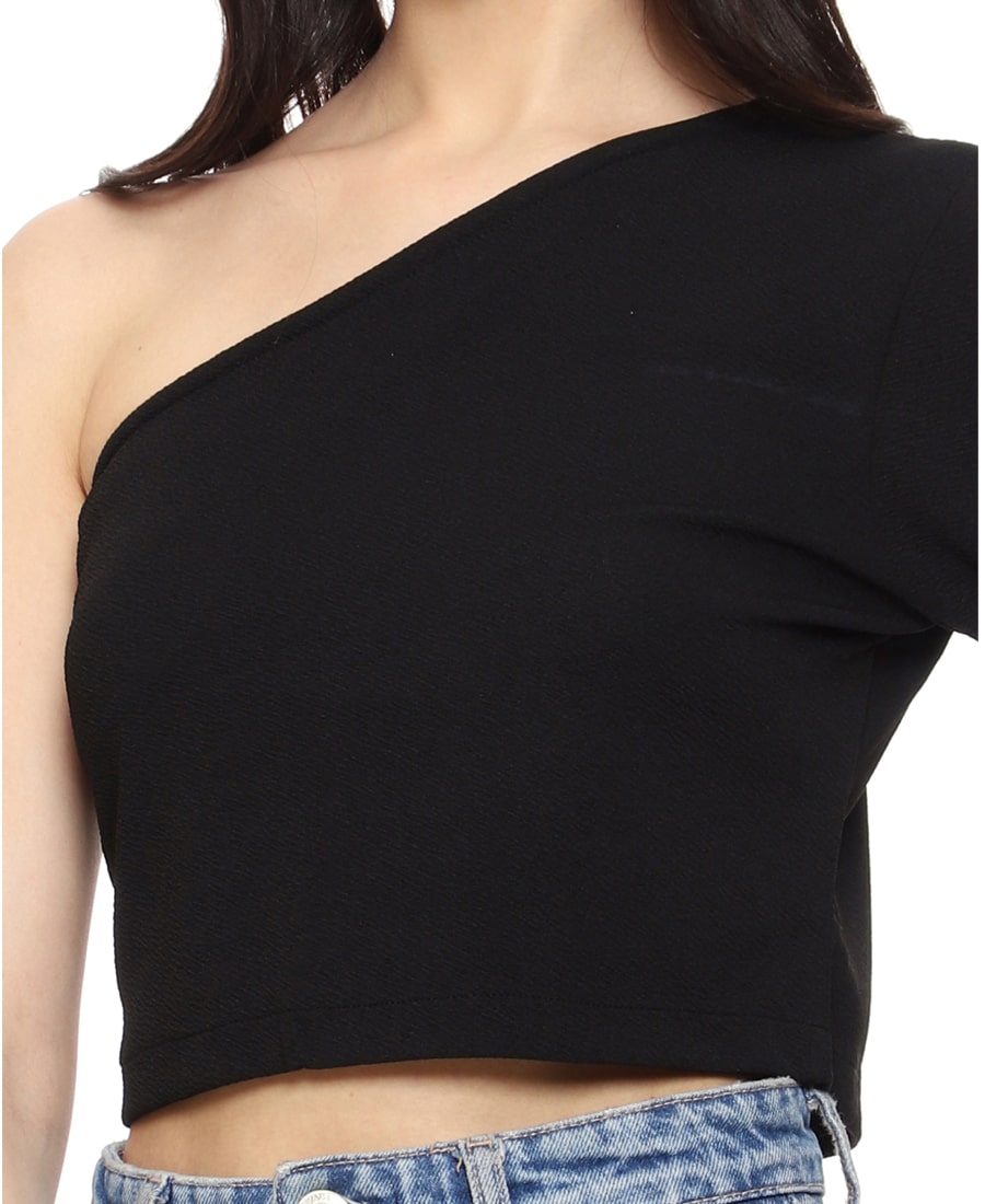 SXV Solid Black One Shoulder Crop Top