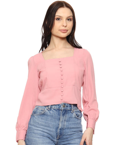 SXV Solid Dusty Pink Cuffed Sleeves Crop Top