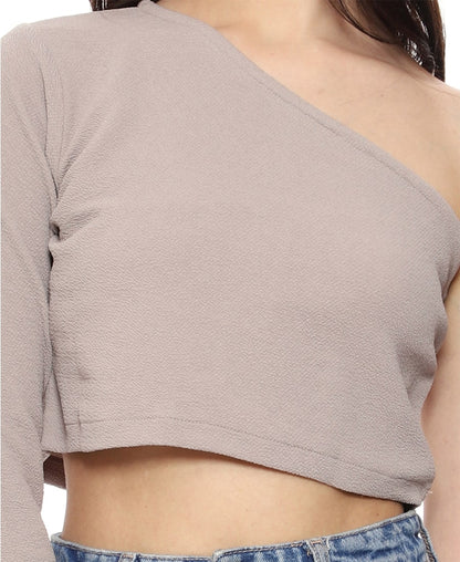 SXV Solid Beige One Shoulder Crop Top