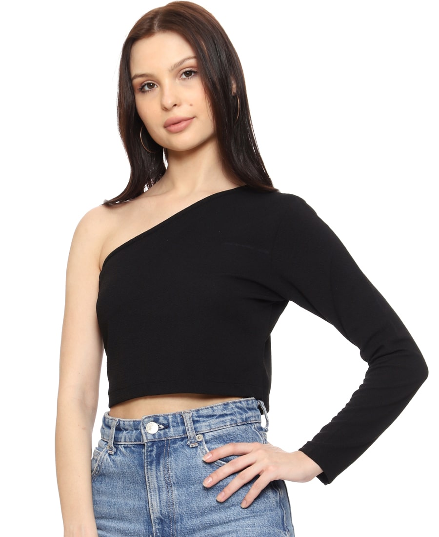 SXV Solid Black One Shoulder Crop Top