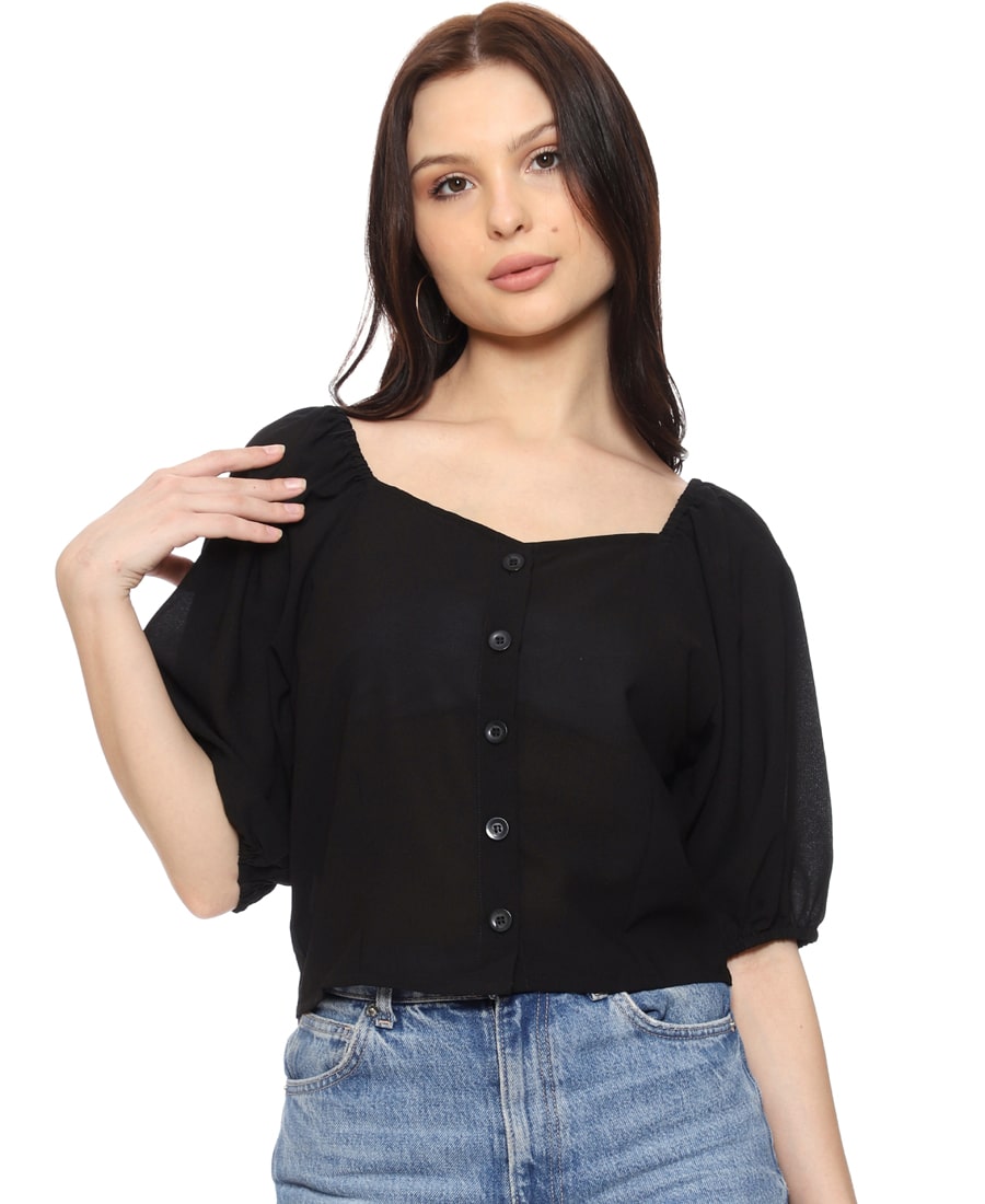 SXV Black Solid Puff Sleeves Regular Crop Top