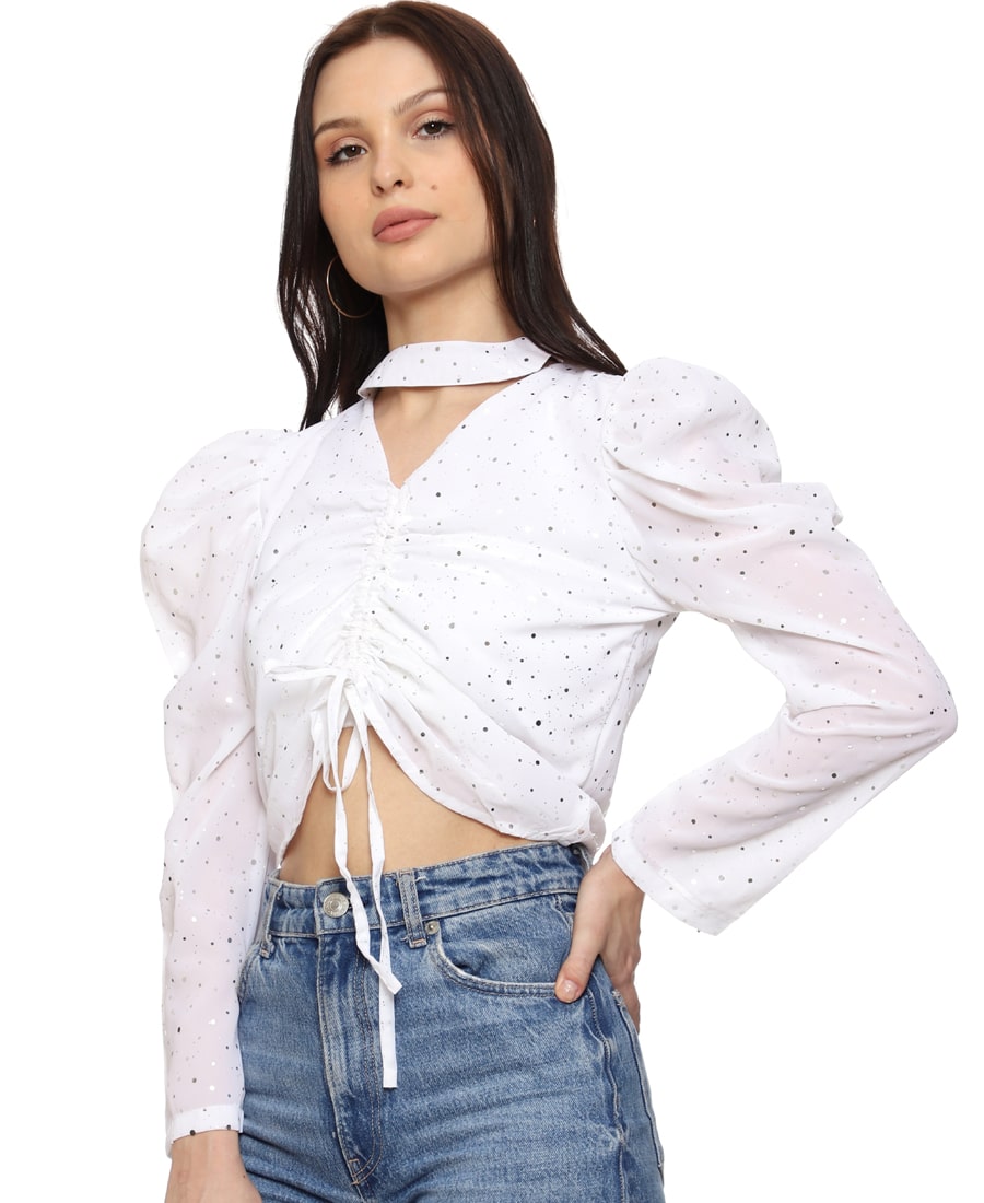 SXV Solid White Partywear Ruched Pullover Crop Top