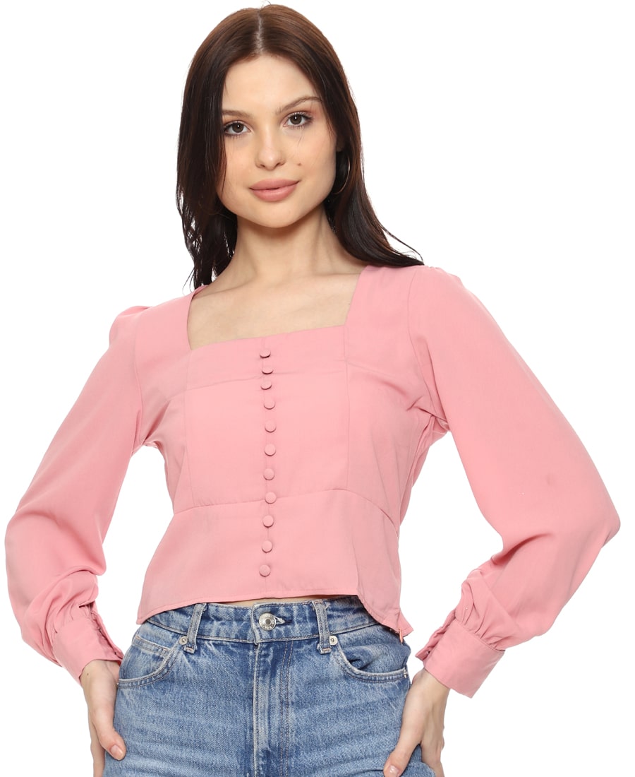 SXV Solid Dusty Pink Cuffed Sleeves Crop Top