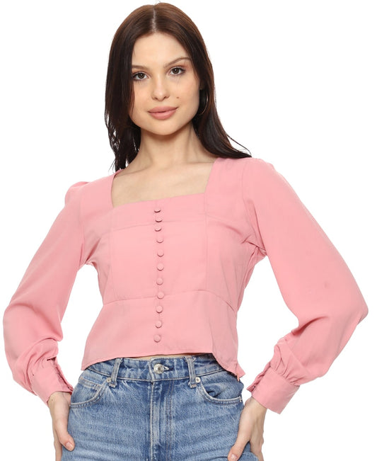 SXV Solid Dusty Pink Cuffed Sleeves Crop Top