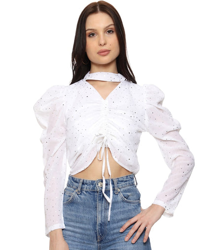 SXV Solid White Partywear Ruched Pullover Crop Top