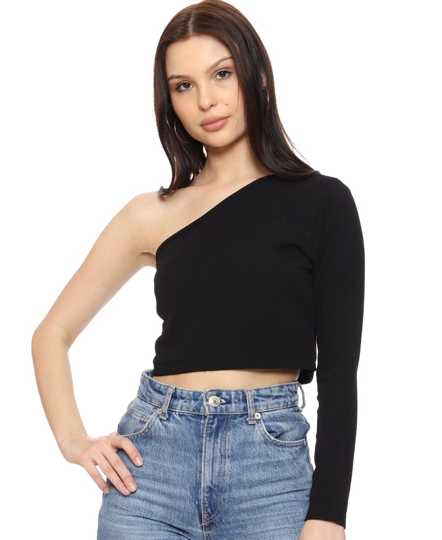 SXV Solid Black One Shoulder Crop Top