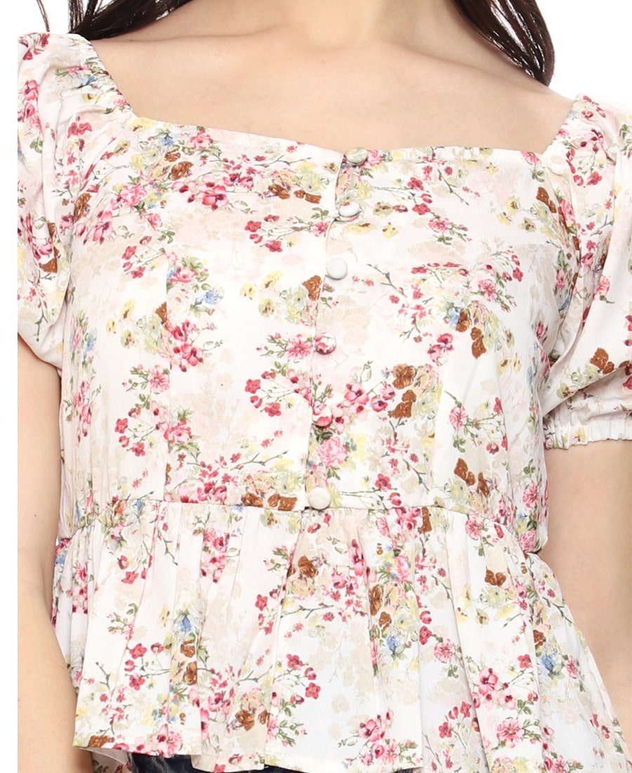 SXV  Floral Printed Puff Sleeves Peplum Top