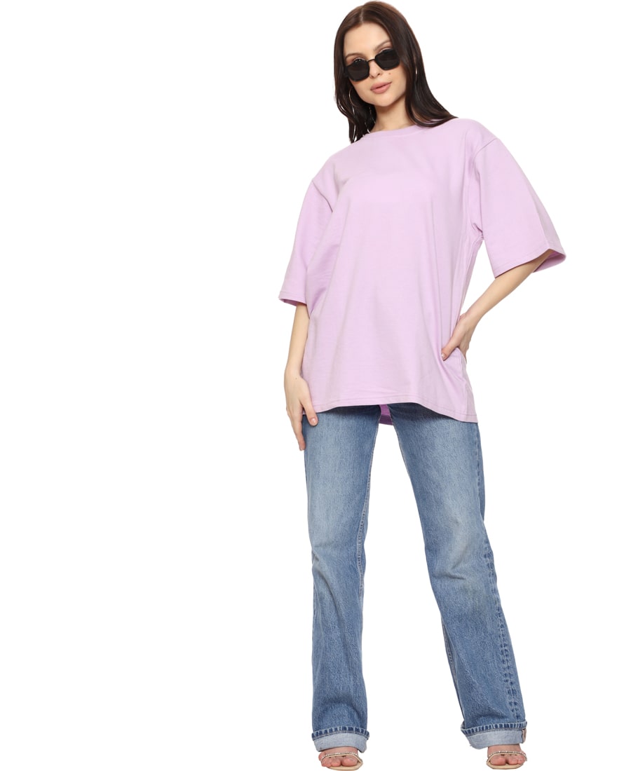 SXV Solid Purple Pullover Round Neck Half Sleeve Oversized Tshirt