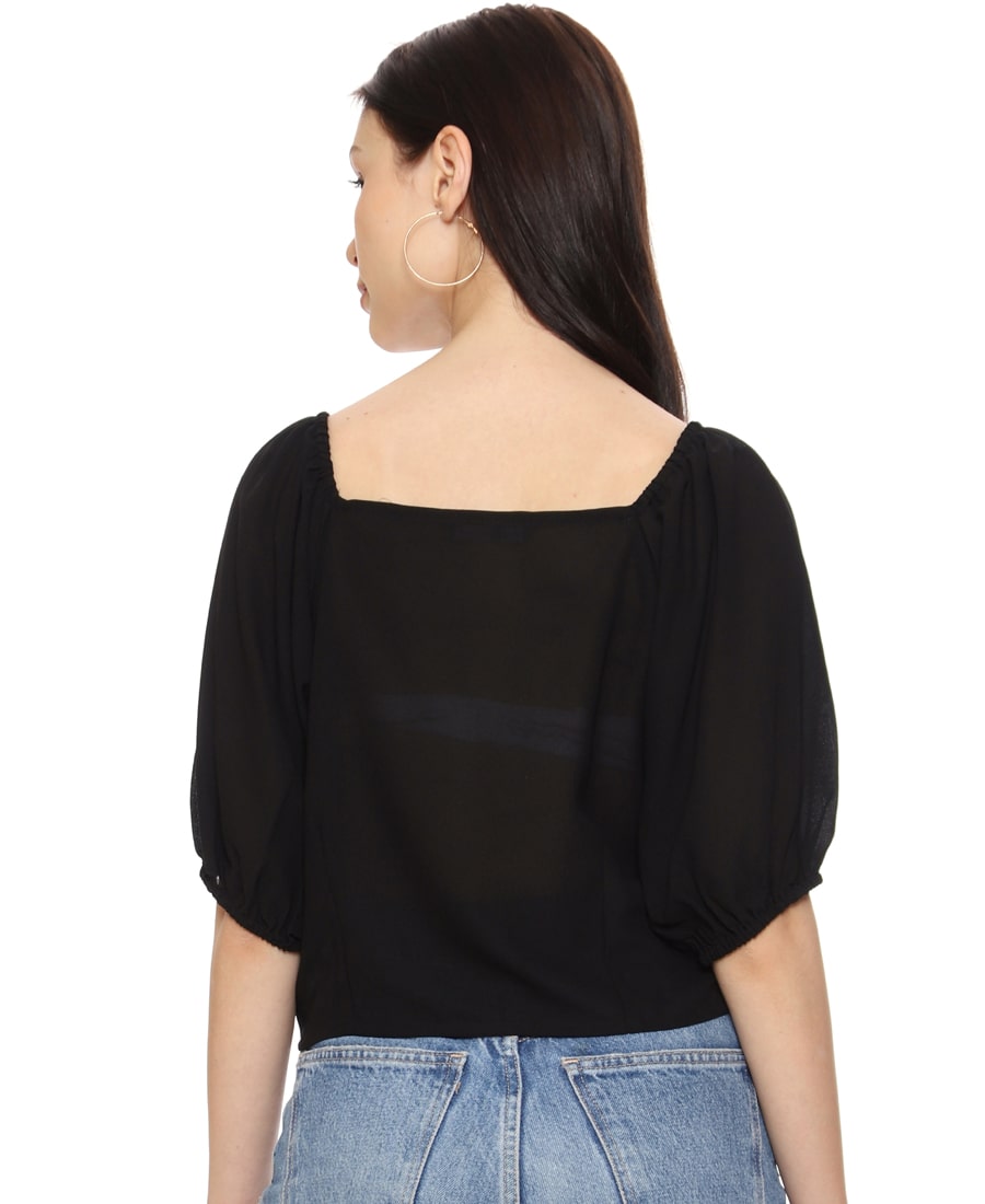 SXV Black Solid Puff Sleeves Regular Crop Top