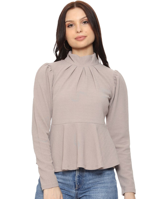 SXV Solid Beige High Neck Peplum Top