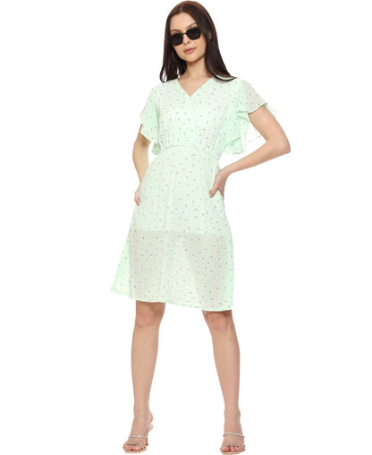 SXV Pastel Green Floral Printed Fit and Flare Dress