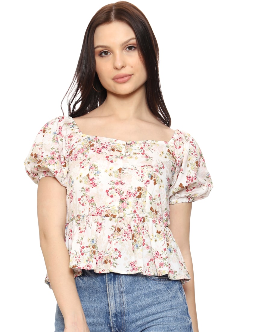 SXV  Floral Printed Puff Sleeves Peplum Top