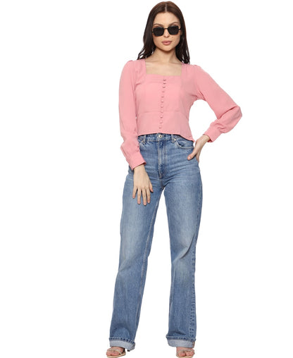 SXV Solid Dusty Pink Cuffed Sleeves Crop Top