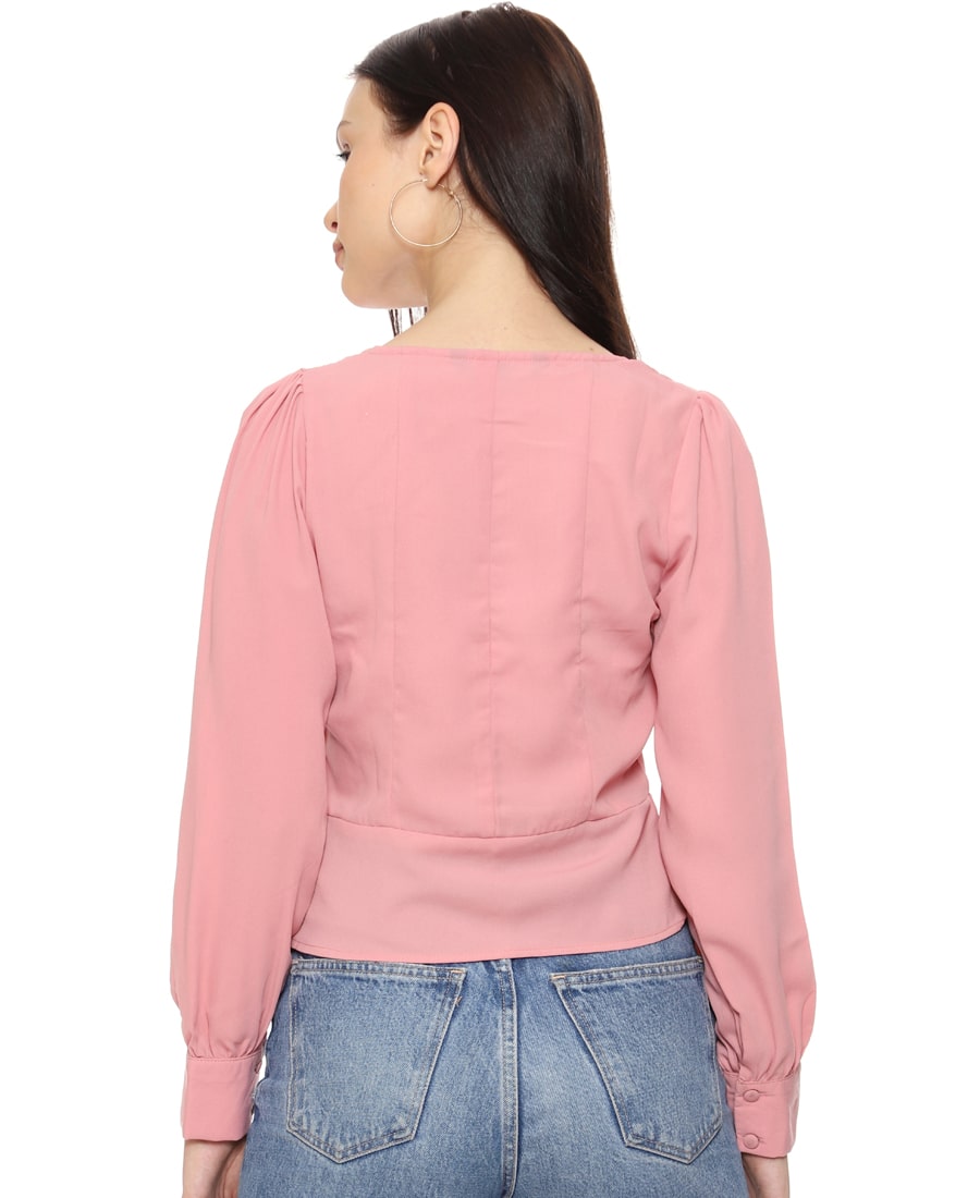 SXV Solid Dusty Pink Cuffed Sleeves Crop Top