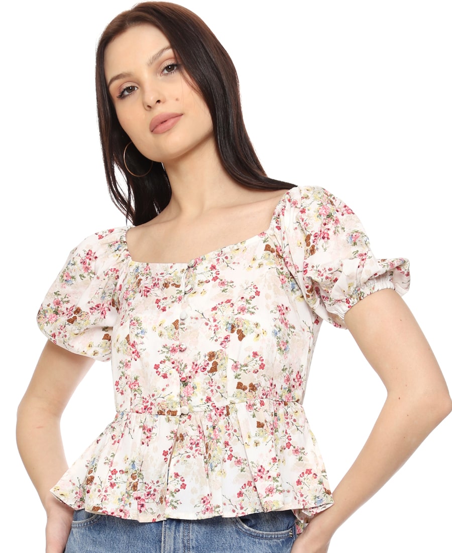 SXV  Floral Printed Puff Sleeves Peplum Top