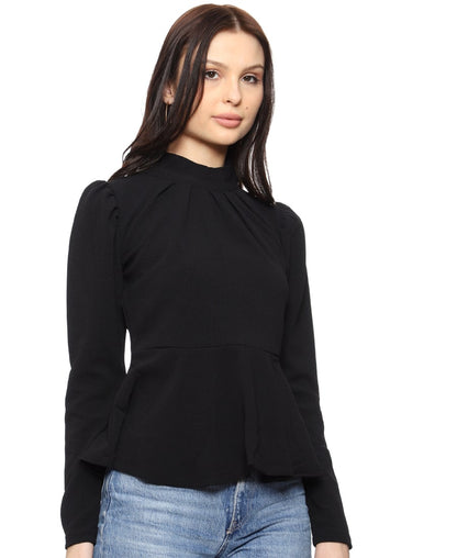 SXV Solid Black High Neck Peplum Top