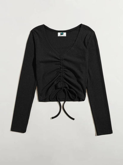 SXV Front Drawstring Rib Knit Top