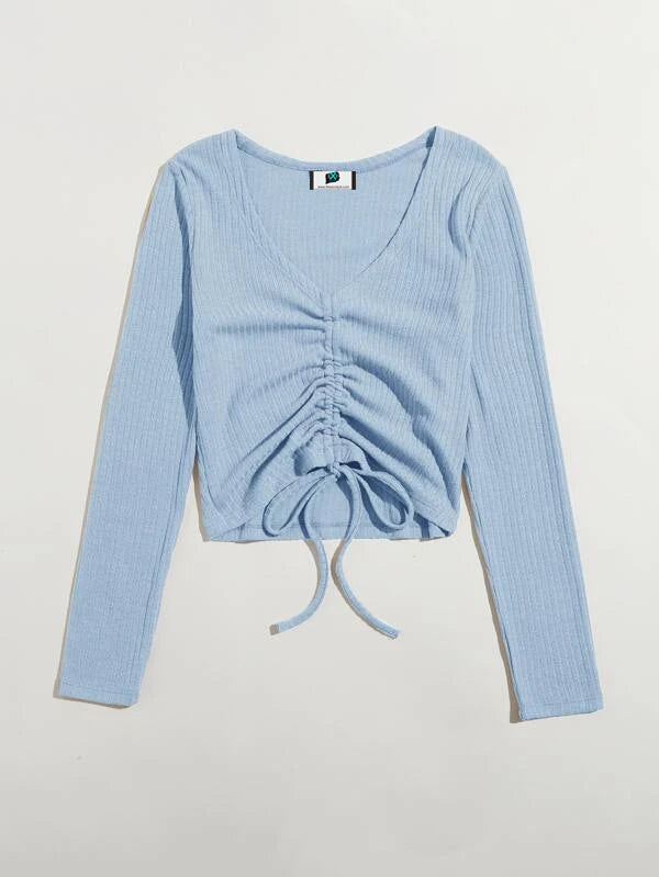 SXV Front Drawstring Rib Knit Top