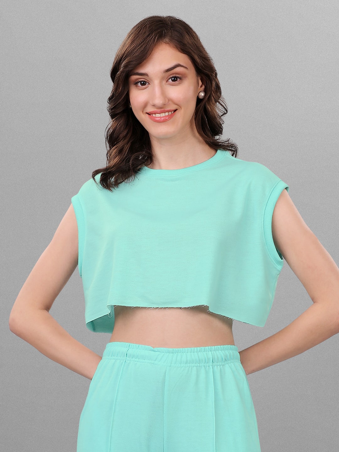 SXV Solid Mint Green Sleeveless Crop Top