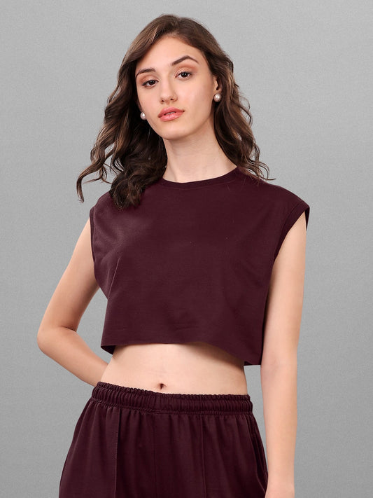 SXV Solid Brown Sleeveless Crop Top