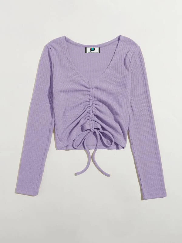 SXV Front Drawstring Rib Knit Top