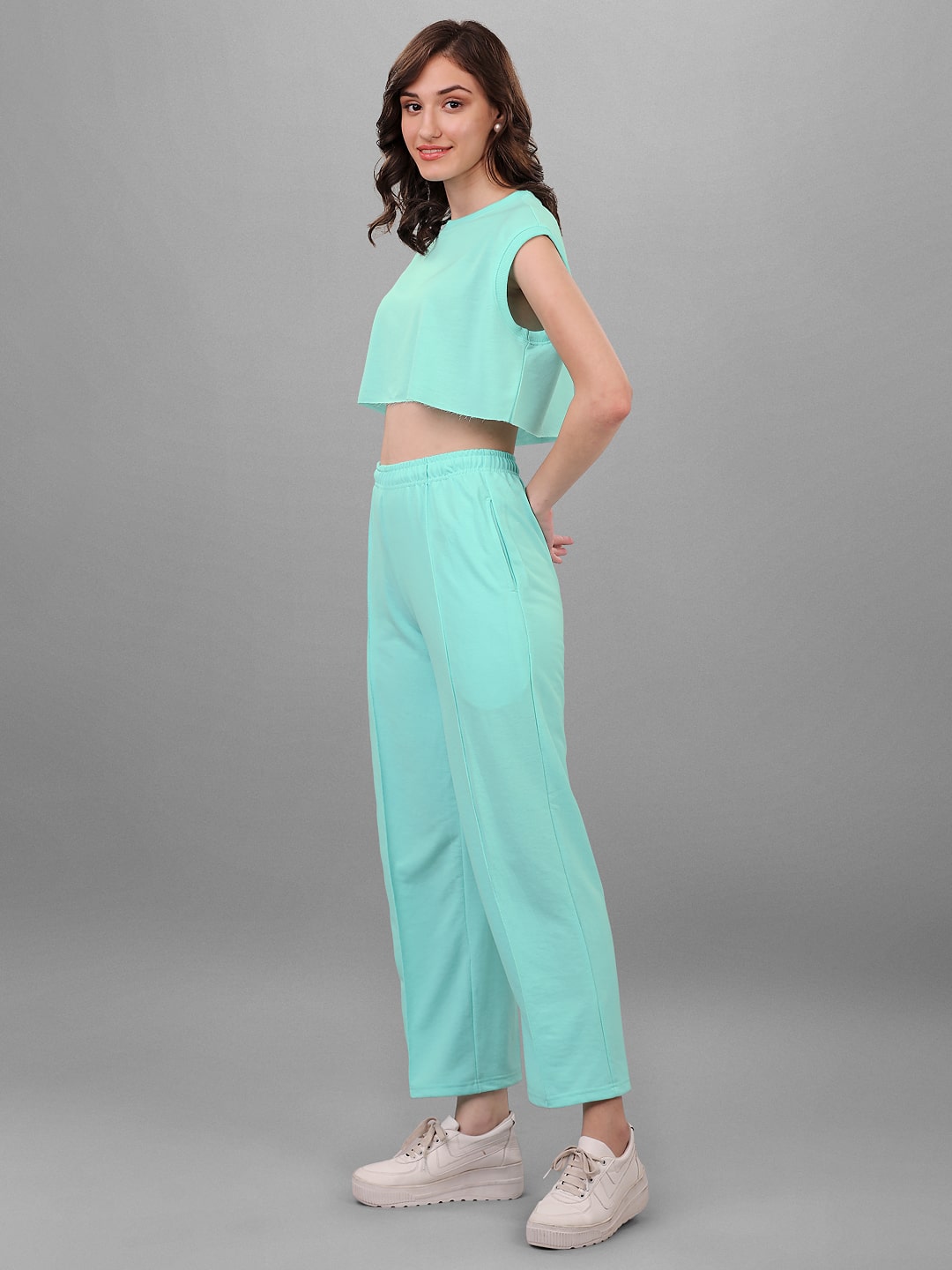 SXV Solid Mint Green Sleeveless Crop Top