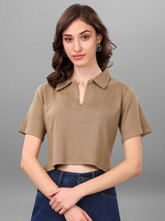 SXV  Lightbrown Ribbed Polo collar  Crop t-shirt