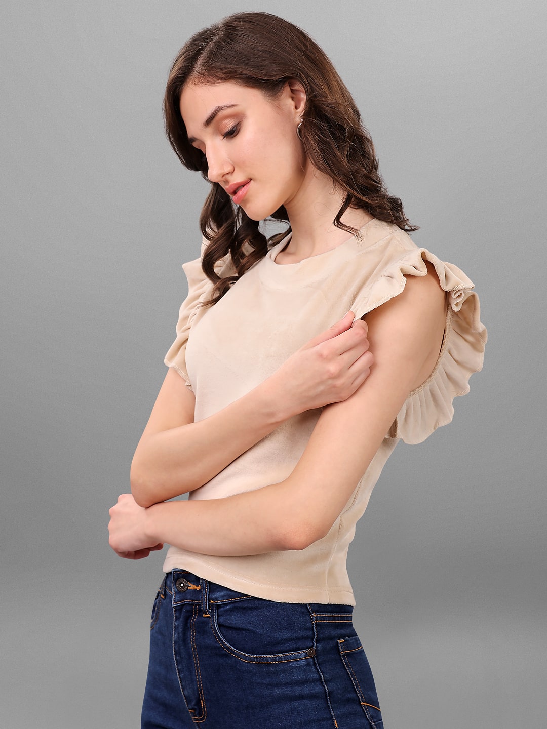 SXV Solid Beige High Neck Ruffle Sleeve Velvet Top