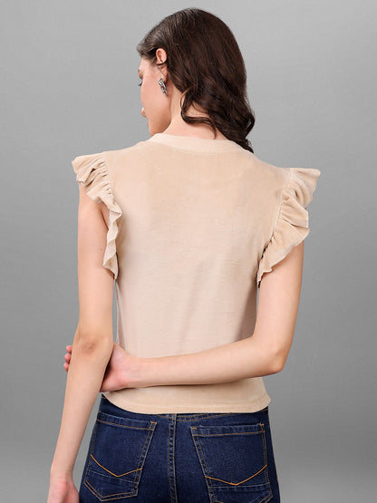 SXV Solid Beige High Neck Ruffle Sleeve Velvet Top