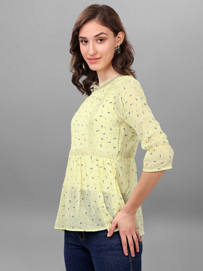 SXV Printed Yellow High Neck Peplum Top