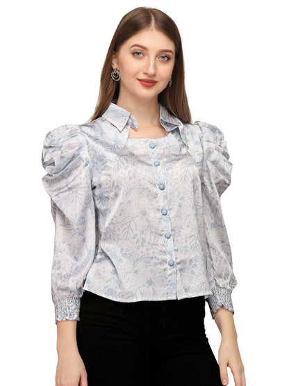 SXV Light Blue Leaves Print with Collar Crop Top | satin Tops for Women and girls