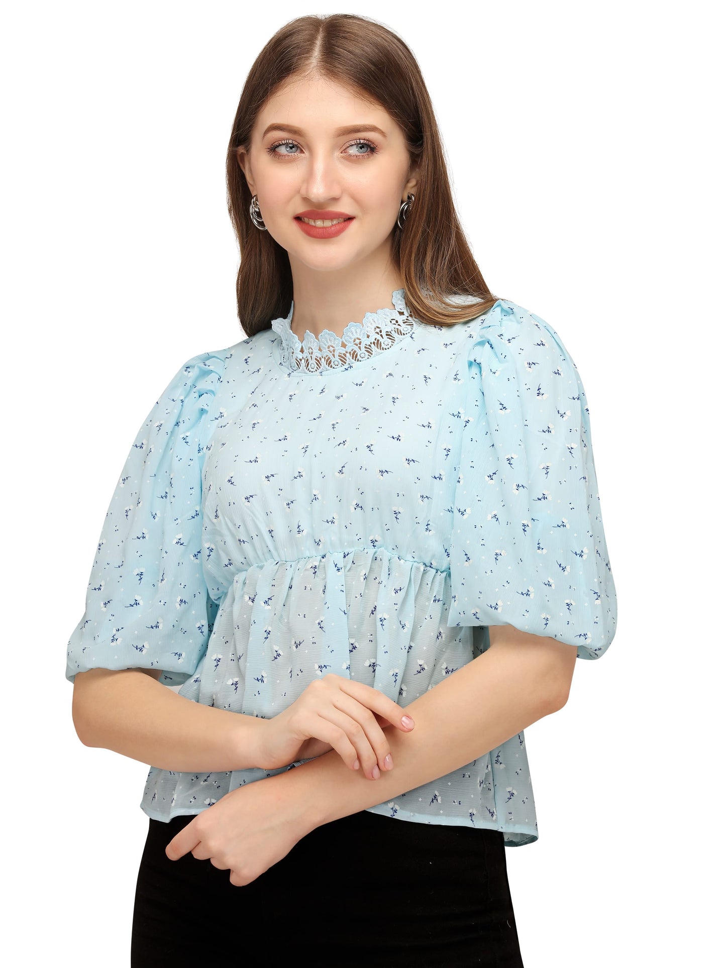 SXV SKYBLUE with Floral Print Crop Top | Chiffon Tops for Women | Women Casual Floral Print Pack Neck with lesh Chiffon top