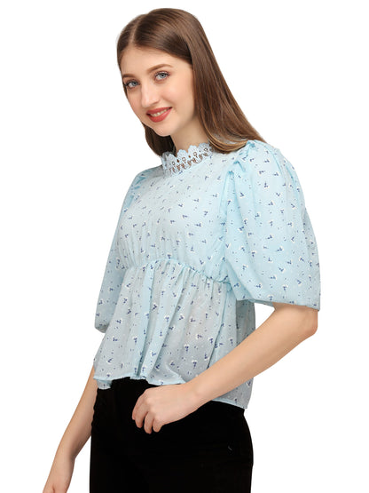 SXV SKYBLUE with Floral Print Crop Top | Chiffon Tops for Women | Women Casual Floral Print Pack Neck with lesh Chiffon top