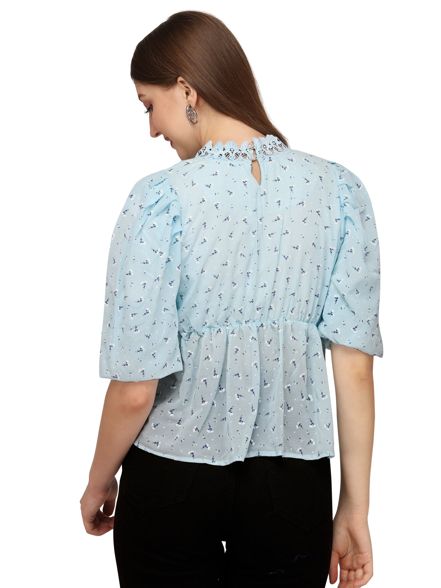 SXV SKYBLUE with Floral Print Crop Top | Chiffon Tops for Women | Women Casual Floral Print Pack Neck with lesh Chiffon top