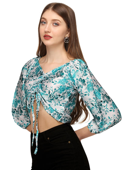 SXV Green Drawstring with Leaves Print Crop Top | satin Tops for Women | Women tops Leaves Print with adjustable dori