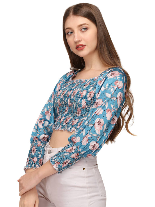 SXV Satin Fabric Smocked Sky blue Floral Print Full Sleeve Top | Sky blue Top | Top for Women and Girl